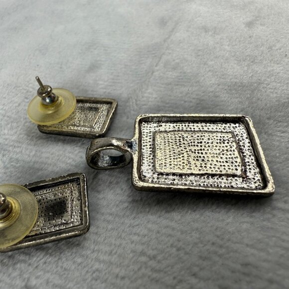 Vintage Silver Tone Pendant & Earrings Set Iridescent Abalone Shell Insets - Picture 13 of 16